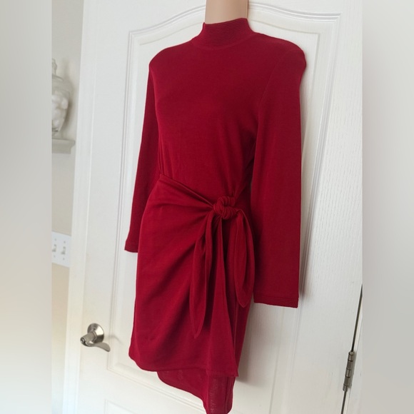 90s Casual Corner Petites Red Mock Neck Faux Wrap Sweater Dress, Sz M ♥️ - Picture 3 of 10